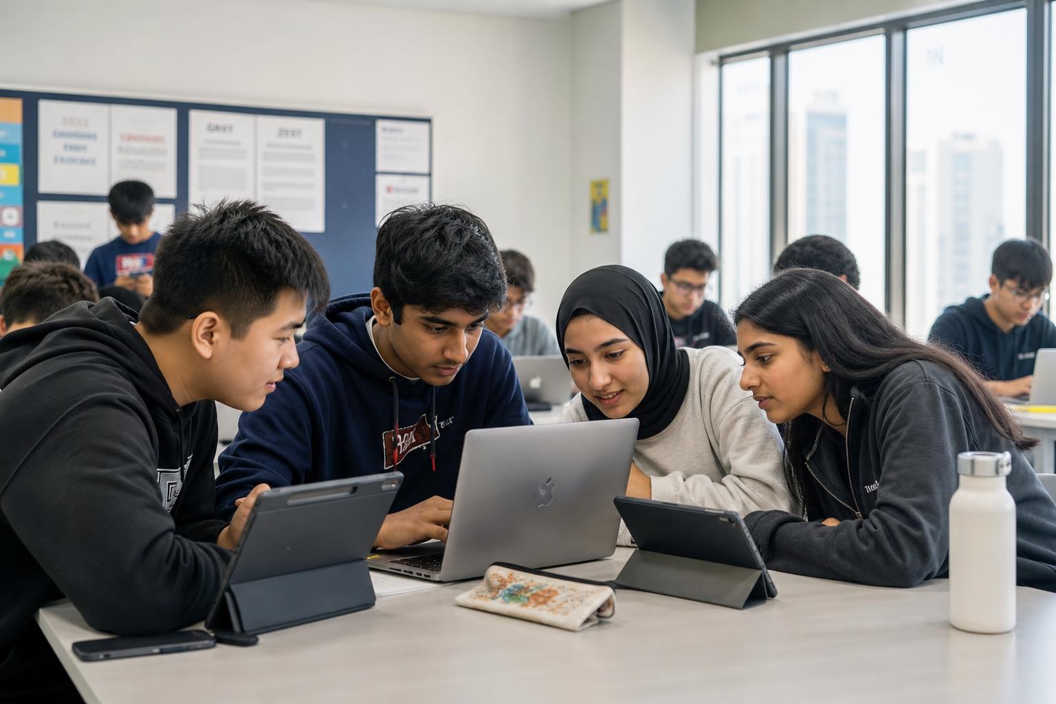 Teenagers collaborating on AI-powered digital projects